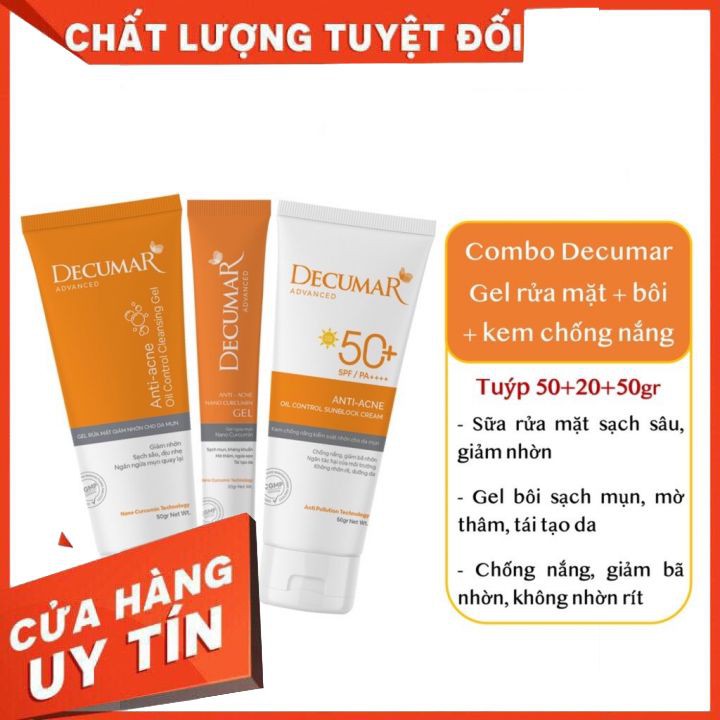 [NEW] Combo sạch mụn DECUMAR ADVANCED [Gel rửa mặt kiềm nhờn, gel ngừa mụn, kem chống nắng] (Decuma, advance)