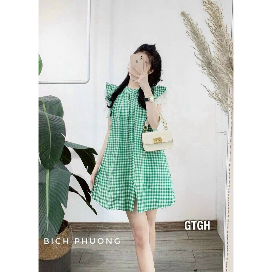 Đầm Babydoll Dáng Xòe Nhẹ Cổ LÁ Bèo Chất Kate Họa Tiết Caro Cực Dễ Thương
