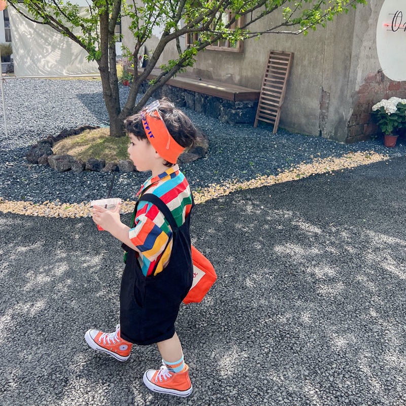 Bộ Áo Sơ Mi Cotton Tay Ngắn + Quần Short Kẻ Sọc Màu Sắc Cầu Vồng Phong Cách Hàn Quốc Thời Trang Mùa Hè Cho Bé Trai