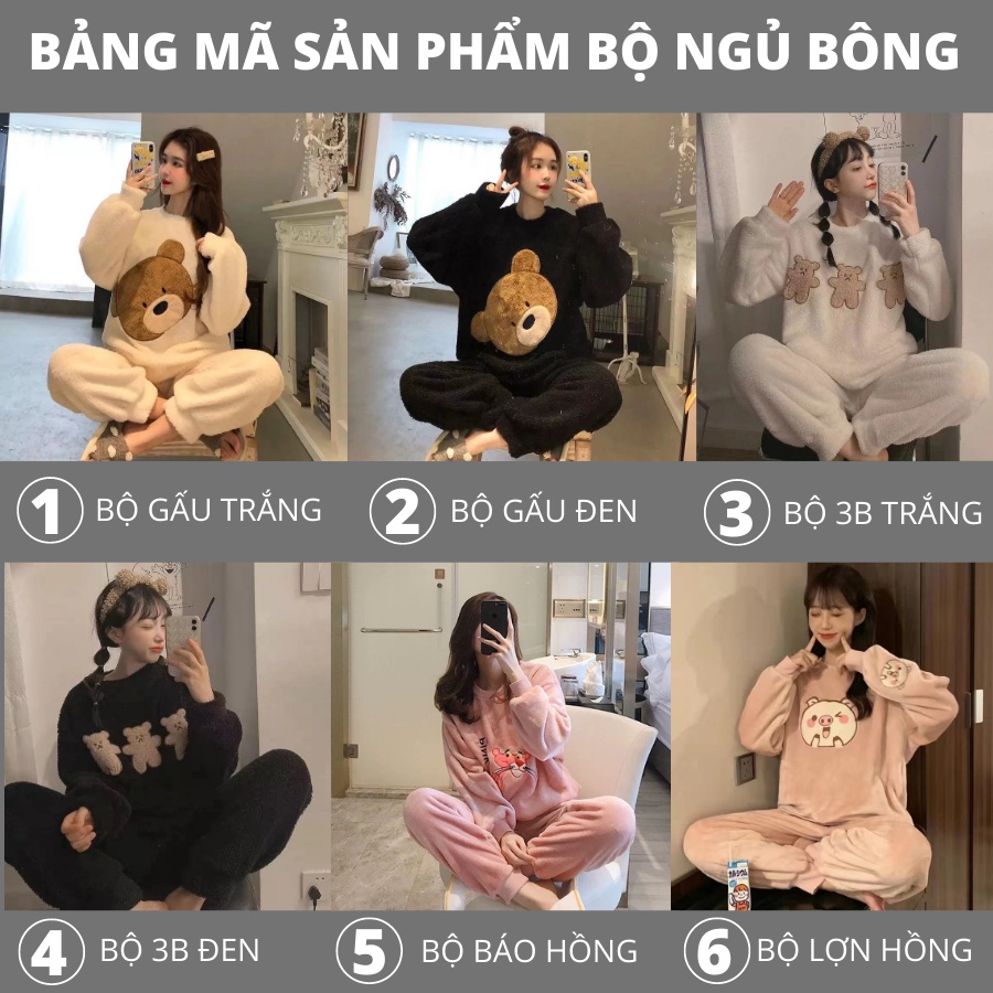Bộ ngủ bông dài tay hình gấu TEMI đồ ngủ nữ, chất lông mềm mịn, dày dặn, gấu cute, thêu, dệt hoạ tiết, hàng quảng châu