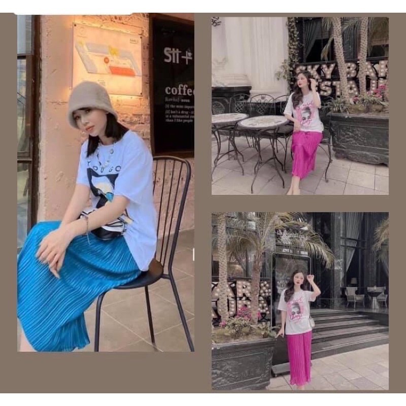 Set áo thun cô gái trắng mix chân váy xếp ly trendy quốc dân nhiều màu nổi hồng tím xanh vàng đen | BigBuy360 - bigbuy360.vn