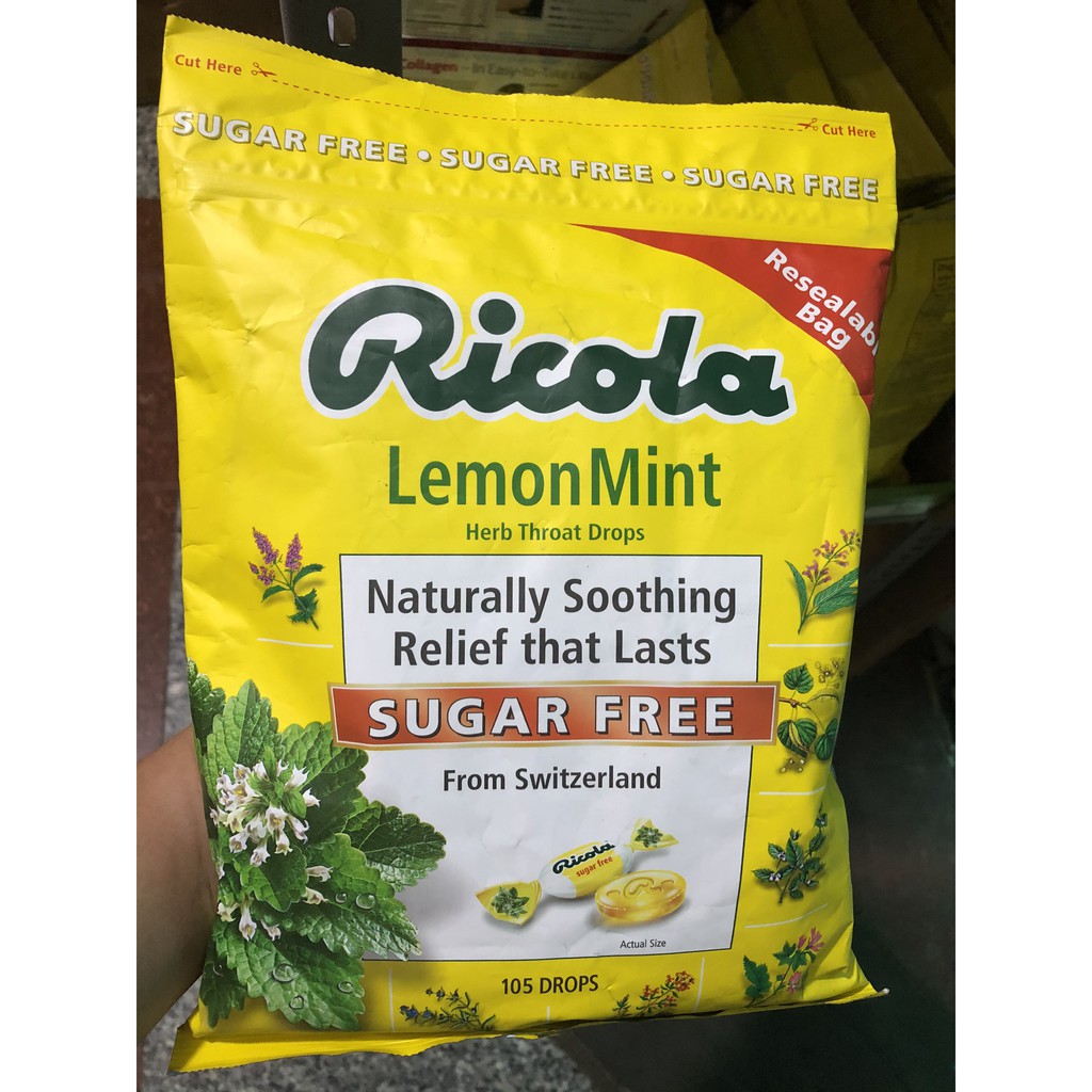 KẸO NGẬM HO KHÔNG ĐƯỜNG RICOLA LEMON MINT SUGAR FREE BỊCH 105 VIÊN - HÀNG MỸ 100%