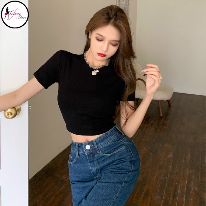 Áo Croptop Cổ Tròn Ngắn Tay Chất Thun Màu Đen Freesize "CROPTOP NGẮN"