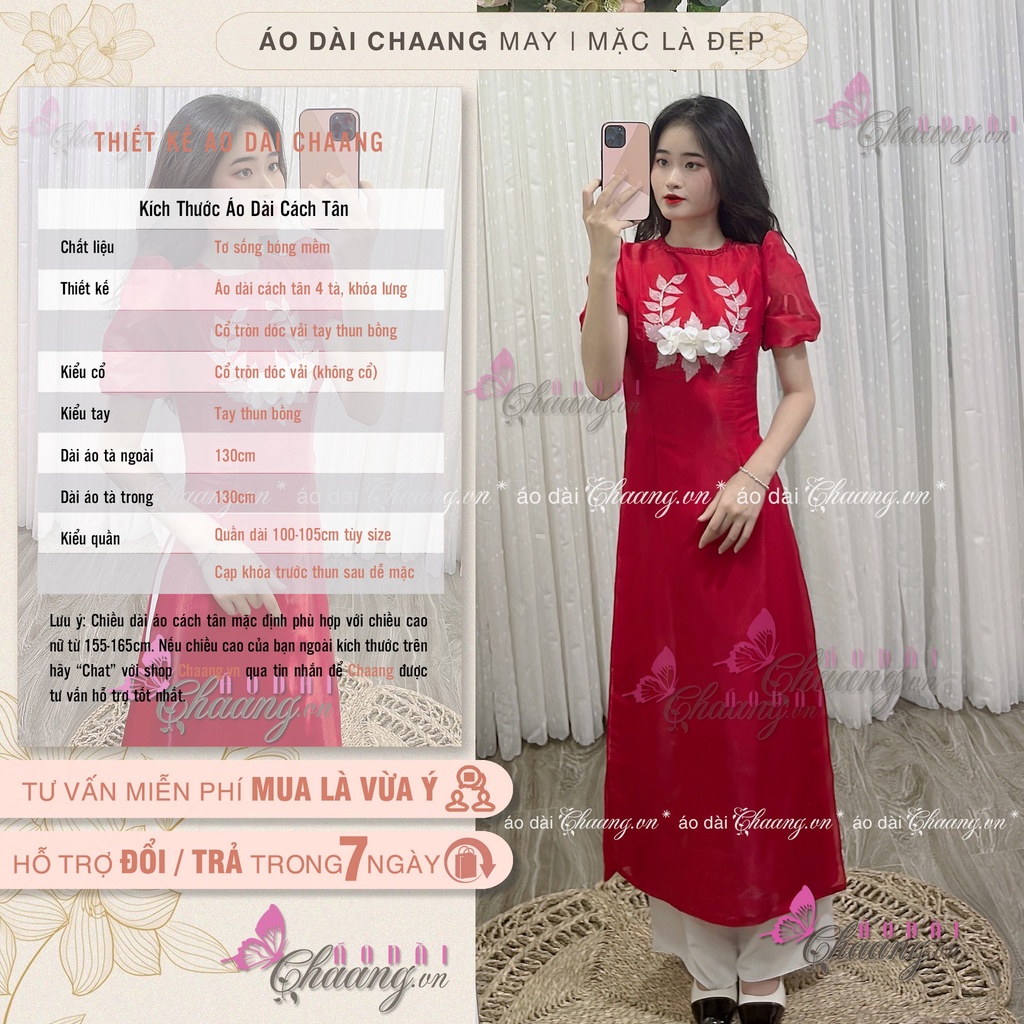 Áo Dài Cách Tân Nữ Tơ Bóng Cổ Tròn Dóc Vải Tay Thun Bồng Đính Hoa Trắng Thủ Công Form Ôm Đẹp