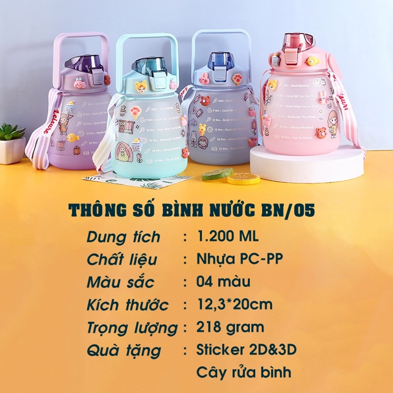 Bình Nước Cho Bé Đi Học BN/05, Bình Nhựa Đựng Nước 1.2 Lít Cute Dễ Thương Tặng Sticker Có Ống Hút Chơi Thể Thao Tập Gym