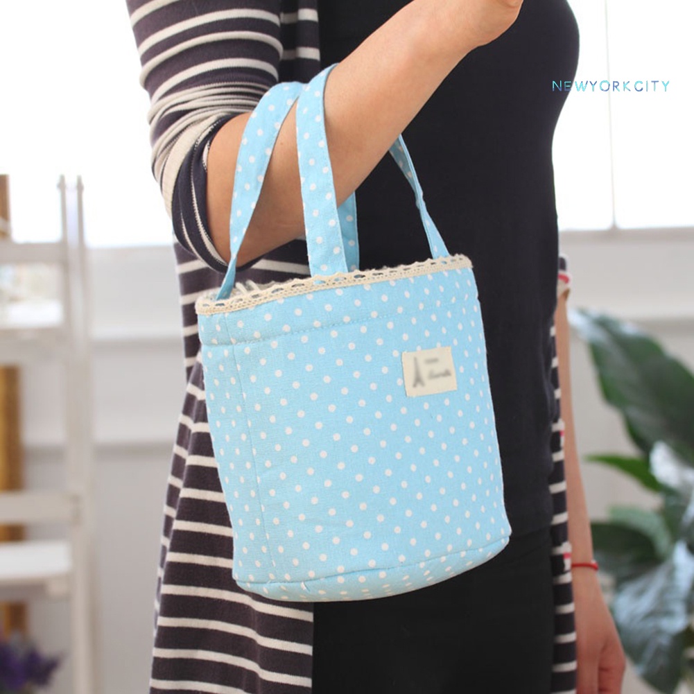 Túi Đựng Cơm Trưa Cách Nhiệt Bằng Vải Cotton Lanh Họa Tiết Chấm Bi Có Dây Rút