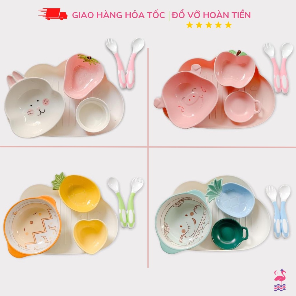 Bộ Bát Ăn Dặm Cho Bé Gốm Sứ Kiểu Nhật Từ 9 Tháng Ấm Gift &amp; Decor Gồm Khay PP5, Bát Lớn 400ml, Thìa Dĩa Bẻ Cong Silicon