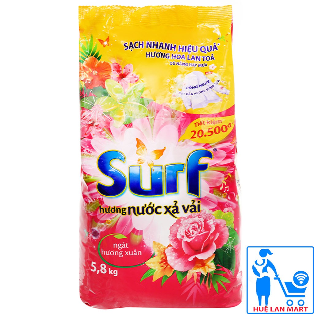 Bột Giặt Surf Hương Nước Xả Vải Ngát Hương Xuân Túi 5,8kg (Sạch nhanh hiệu quả, hương hoa lan tỏa)