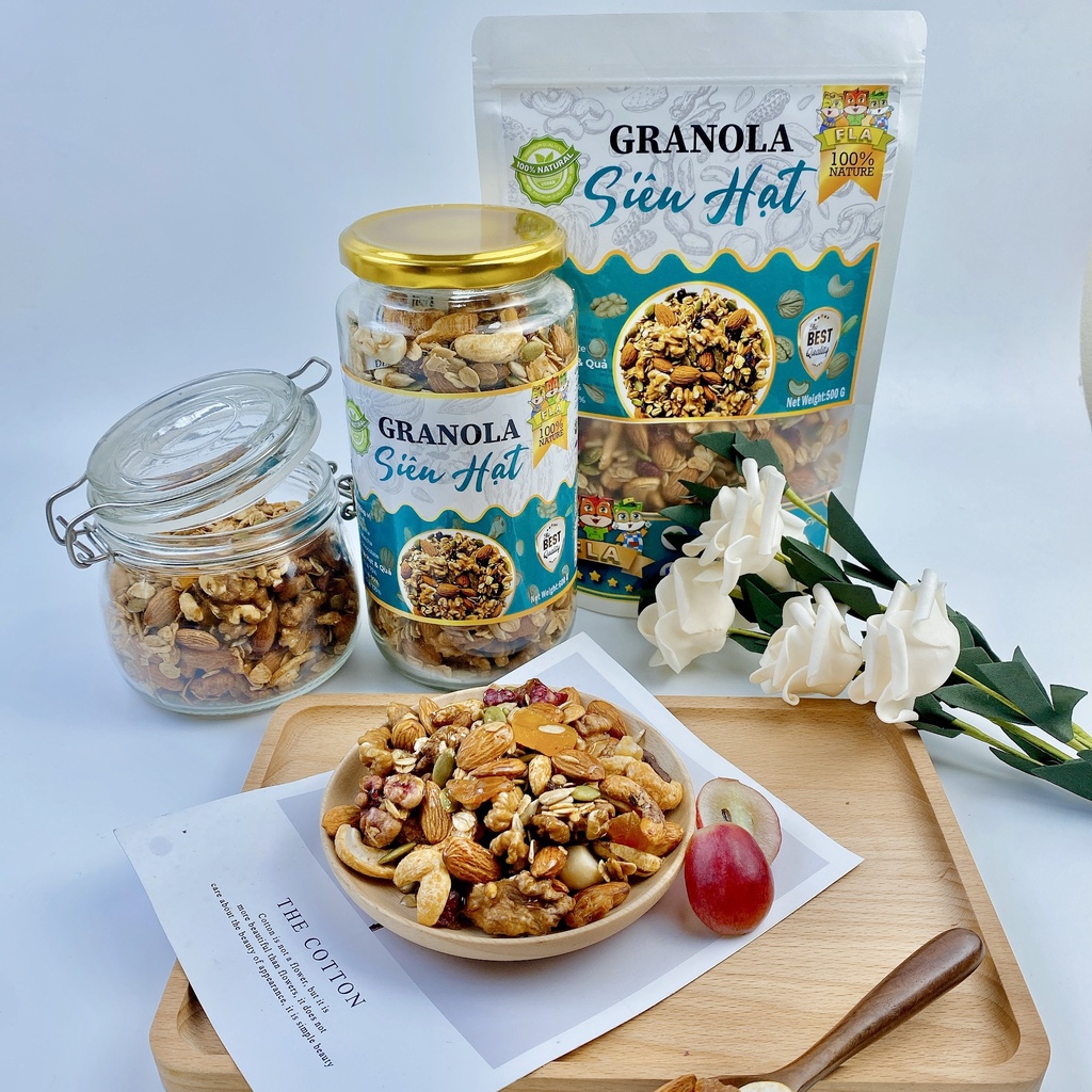 Granola cao cấp siêu Hạt &amp; Quả FLA 600gram, Ngũ cốc giảm cân nướng Mật ong thêm nhiều hạt Macca, Óc chó đỏ, Dâu tây