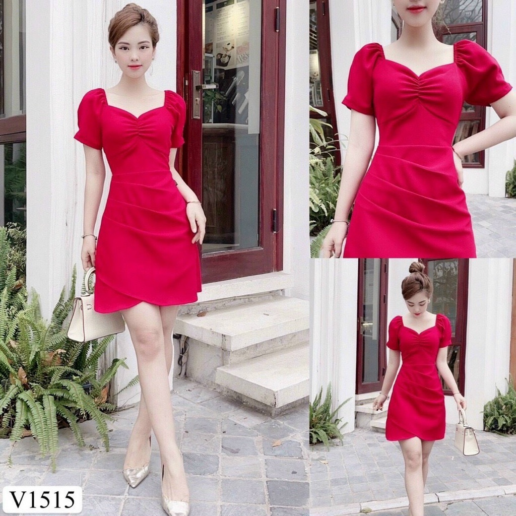 Đầm đỏ xếp li dáng ngắn kết hợp cổ vuông ống tay phồng sang trọng dành cho các chị em đi tiệc