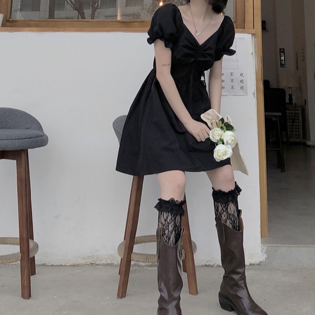 váy nữ babydoll rút dây ngực, đầm dáng xoè nhún ngực cộc tay bồng phối bèo siêu hot mới