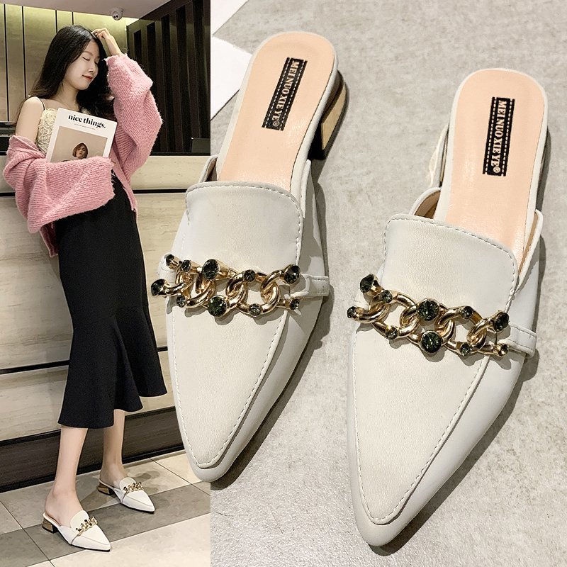 Baotou nửa dép phụ nữ 2022 mùa hè mới mũi nhọn giày mules phiên bản Hàn Quốc giày dép rhinestone phụ nữ