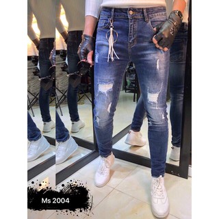 quần jean nam xanh rách xước ống côn ôm body