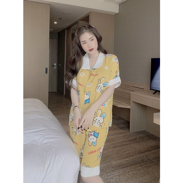 Đồ Ngủ Nữ pyjama lửng phối hình hoạ tiết, Đồ Ngủ Lụa trẻ trung đáng yêu 40-60kg