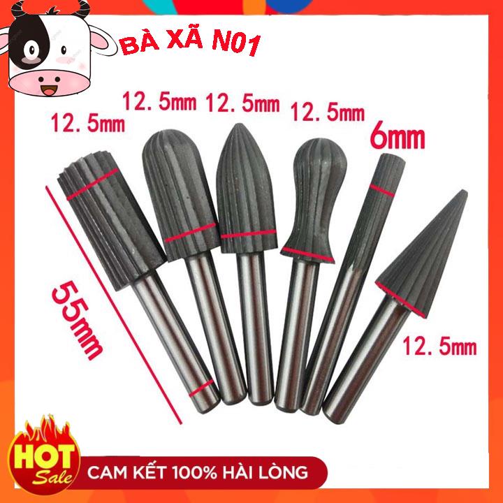 Bộ 6 Đầu Mũi Mài Khắc Lũa Gỗ Cán 6MM - Dụng cụ mài doa lỗ nhựa, kim loại, làm gỗ lũa cây cảnh Bonsai -