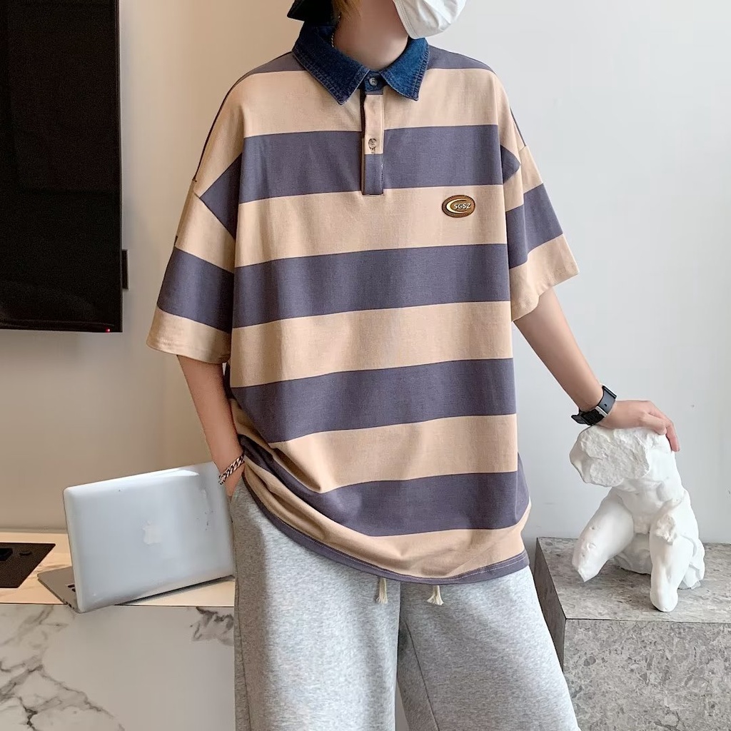 Áo Thun POLO Tay Ngắn Dáng Rộng Thoáng Khí In Họa Tiết Kẻ Sọc Phong Cách hip hop Đường Phố Hàn Quốc Thời Trang Mùa Hè Cho Nam