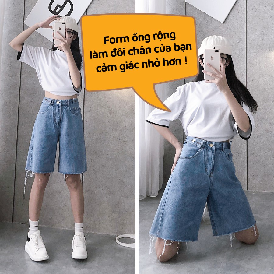 Quần Short Jean Nữ Cạp Cao Dáng Ống Rộng Chất Quần Bò Dày Dặn Mềm Mại Có Cả Bản Trơn Lẫn Rách Gối GUF
