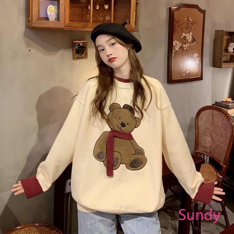 Áo sweater dài tay dáng rộng phong cách retro thời trang mùa đông cho nữ