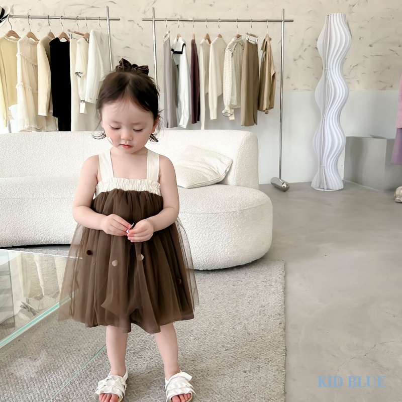 Đầm Công Chúa Hai Dây Phối Lưới Thắt Nơ Phong Cách Hàn Quốc Thời Trang Mùa Hè Cho Bé Gái