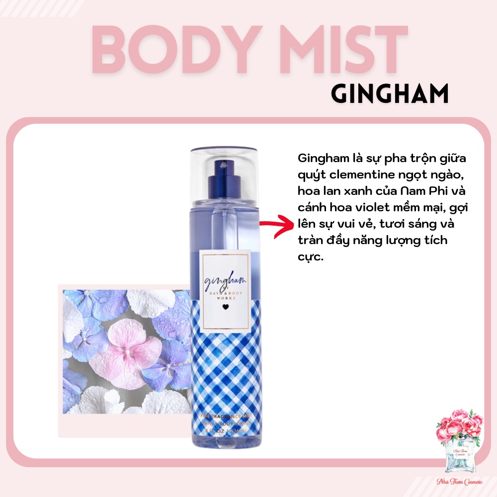 Xịt Thơm Body Bath & Body Works Mist Gingham Path Hương Thơm Đến Từ Cỏ Hoa Tươi Mát Thiên Nhiên Sảng Khoái 236ml