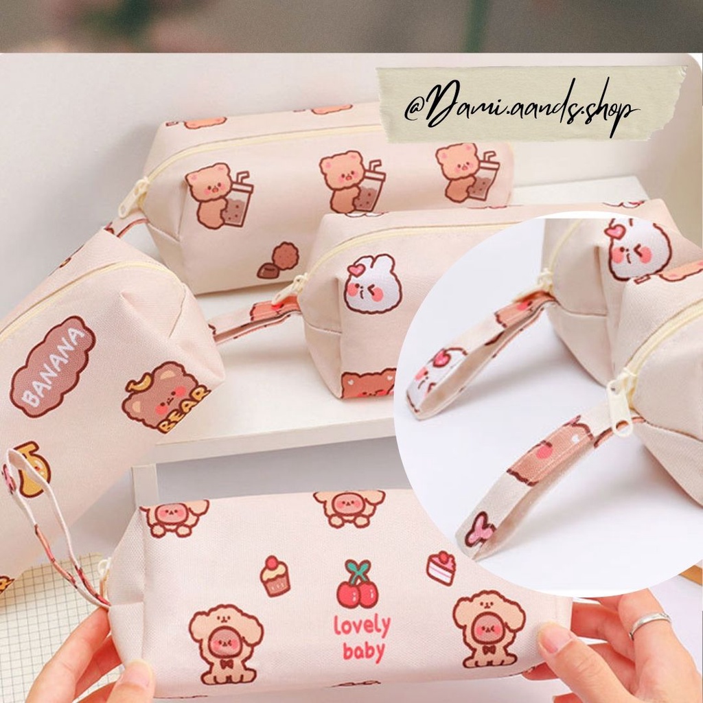 Bóp Túi bút vải canvas in hoạ tiết gấu hoạt hình cỡ lớn cho học sinh
