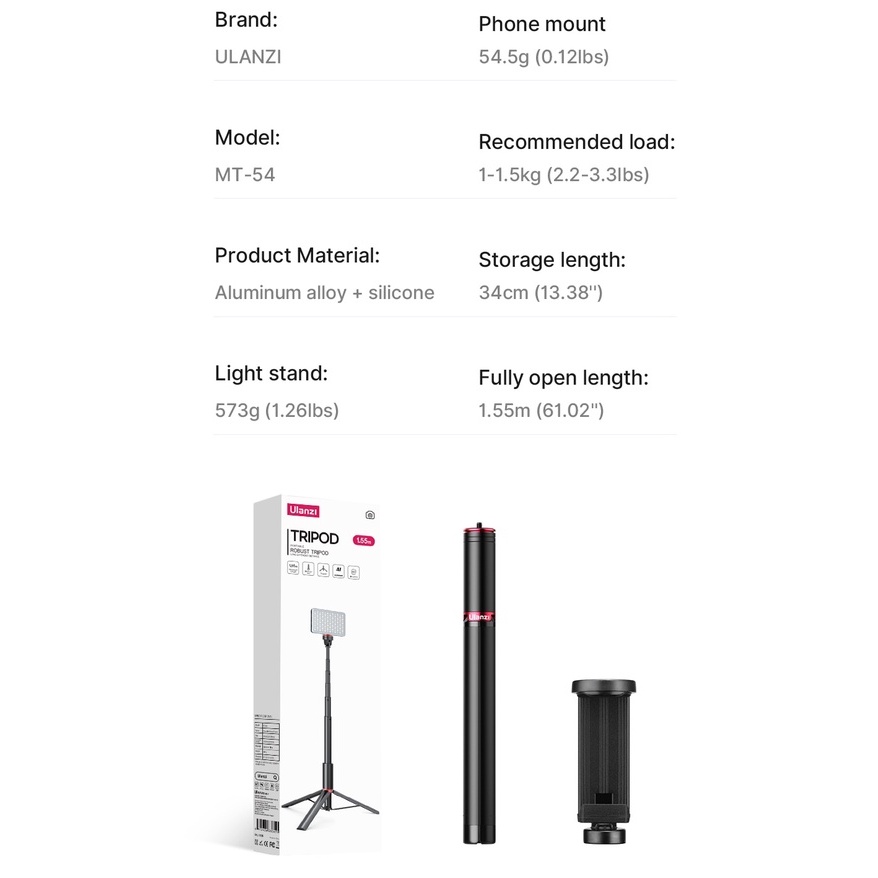 ULANZI MT-54 - Chân Tripod Cao 155cm Dành Cho Điện Thoại Và Máy Ảnh