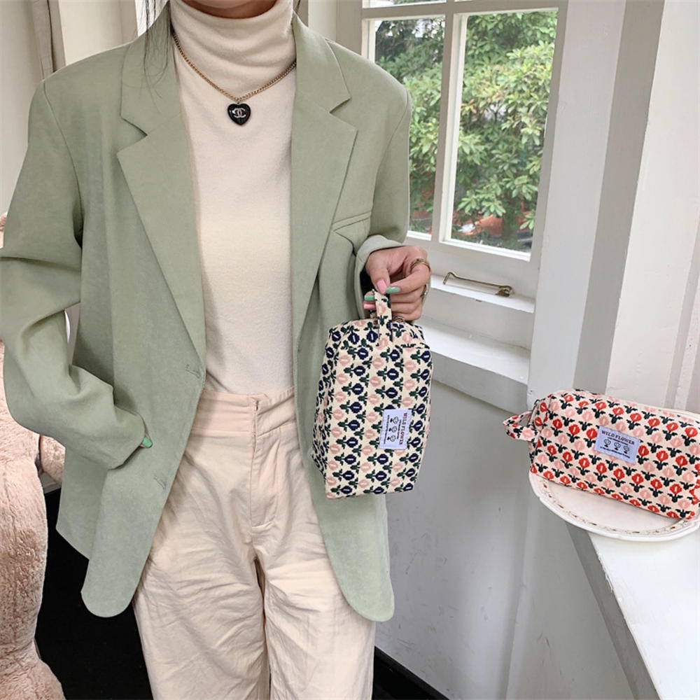 Túi Đựng Bút Chì/ Đồ Trang Điểm Bằng Vải Nhung Kẻ Sọc Caro Và Hoa Thời Trang Hàn Quốc Cho Nữ