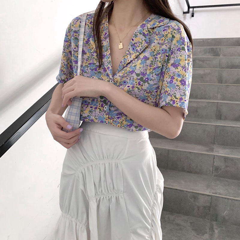 Áo Sơ Mi Hoa Ngắn Tay Vải Chiffon Kiểu Hàn Quốc