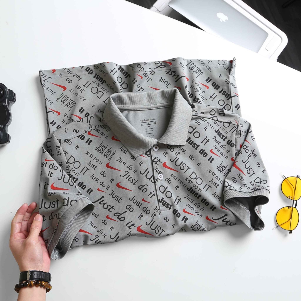 Áo thun polo nam cổ bẻ tay ngắn viền bo tay in chữ JUST DO IT phá cách