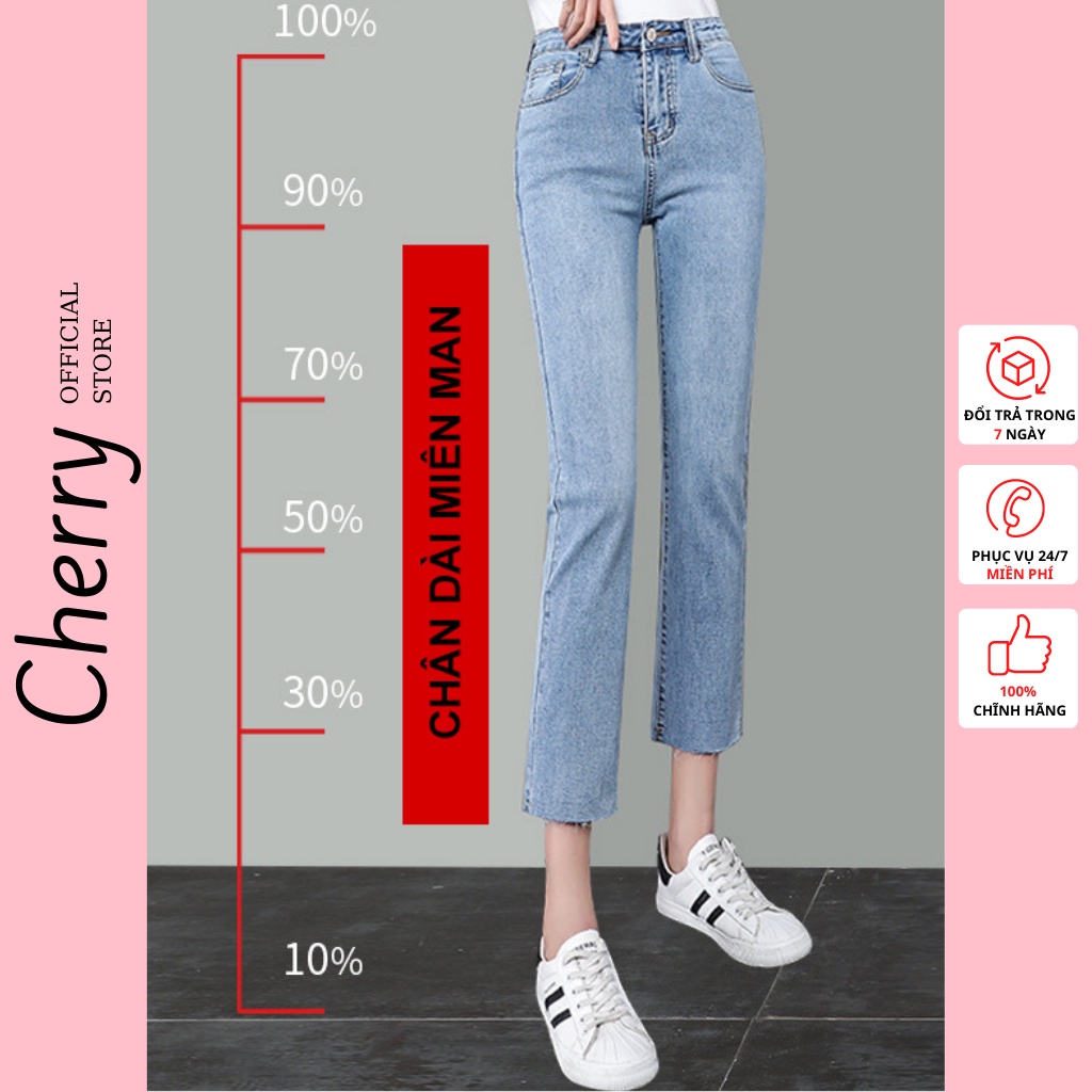 Quần jean nữ ống đứng dáng lửng co giãn cao cấp phong cách Hàn Quốc, quần bò nữ ống ngắn suông có co giãn CHERRY T030