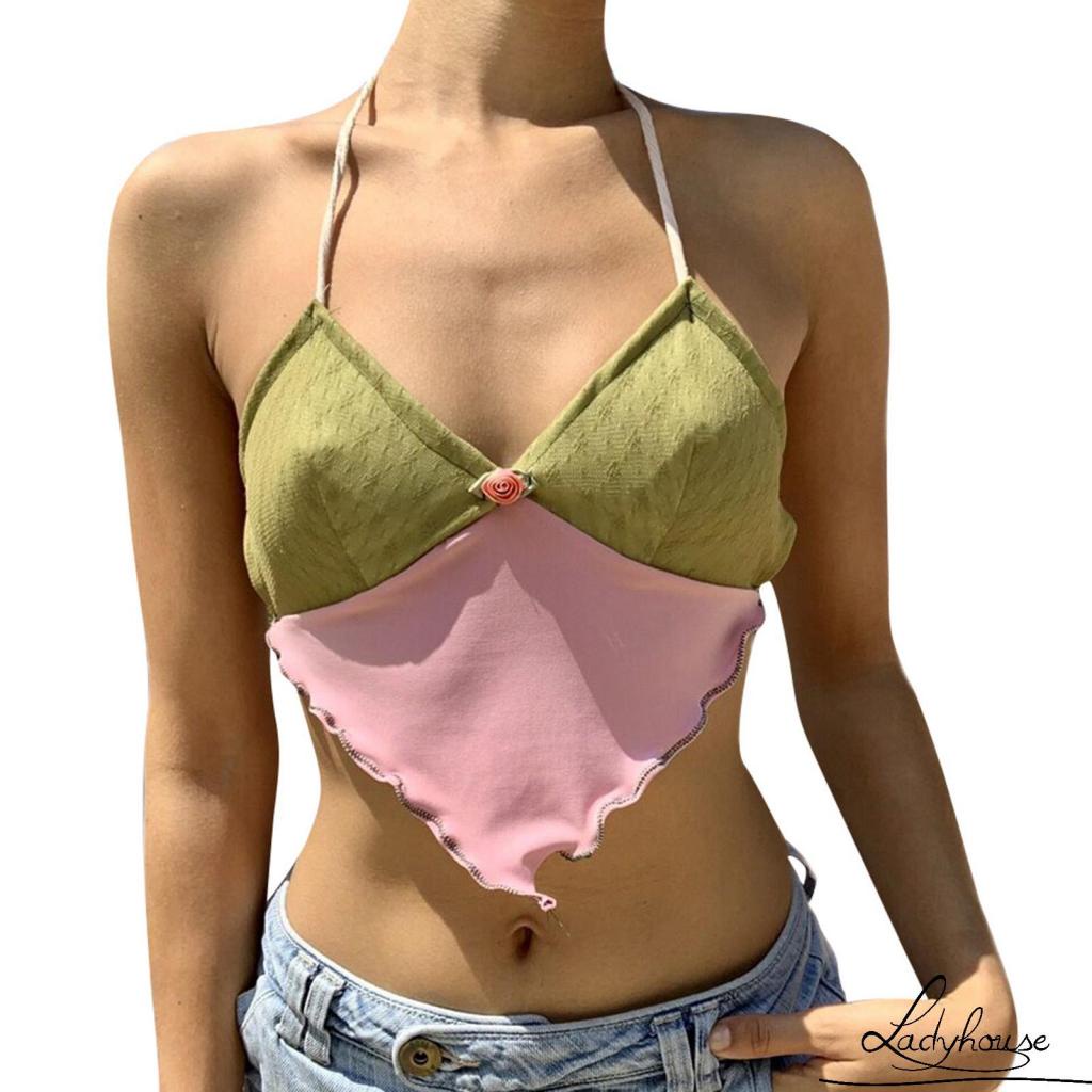 Áo cổ chữ V hở lưng màu sắc tương phản quyến rũ thời trang cho nữ