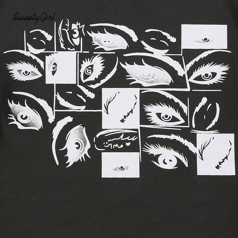 Áo Thun Tay Dài Cổ Tròn In Hình Đôi Mắt Hoạt Hình Dành Cho Nữ