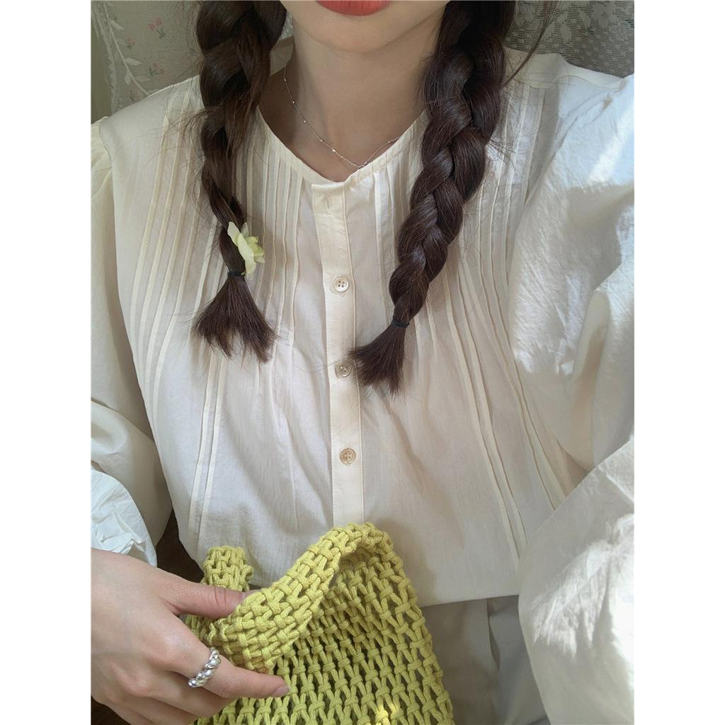 Áo Sơ Mi Dài Tay Cổ Tròn Dáng Rộng Màu Sắc Đơn Giản 61914