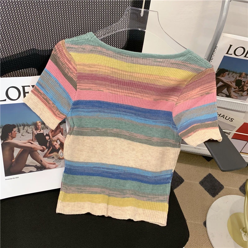 Áo Kiểu Cổ Vuông Tay Ngắn Họa Tiết Kẻ Sọc Màu Sắc Tương Phản Phong Cách Hàn Quốc Thời Trang