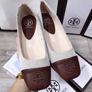 Giày búp bê mũi vuông torry vải da pha da nâu vàng đen . sIÊU PHẨM