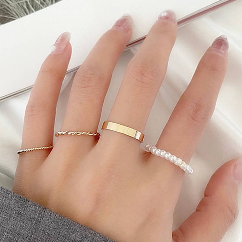 Nhẫn Bốn Mảnh Đính Ngọc Trai Kim Loại Thời Trang Đơn Giản Cá Tính