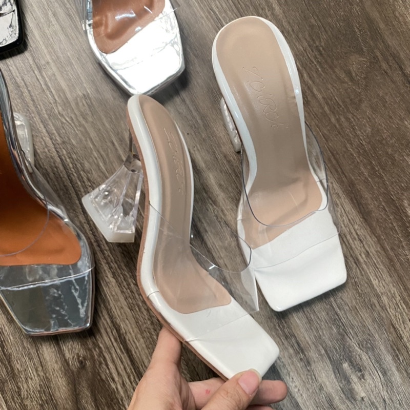 Giày guốc cao gót nữ đế loe quai trong mica màu đi tiệc sang chảnh DOLOE