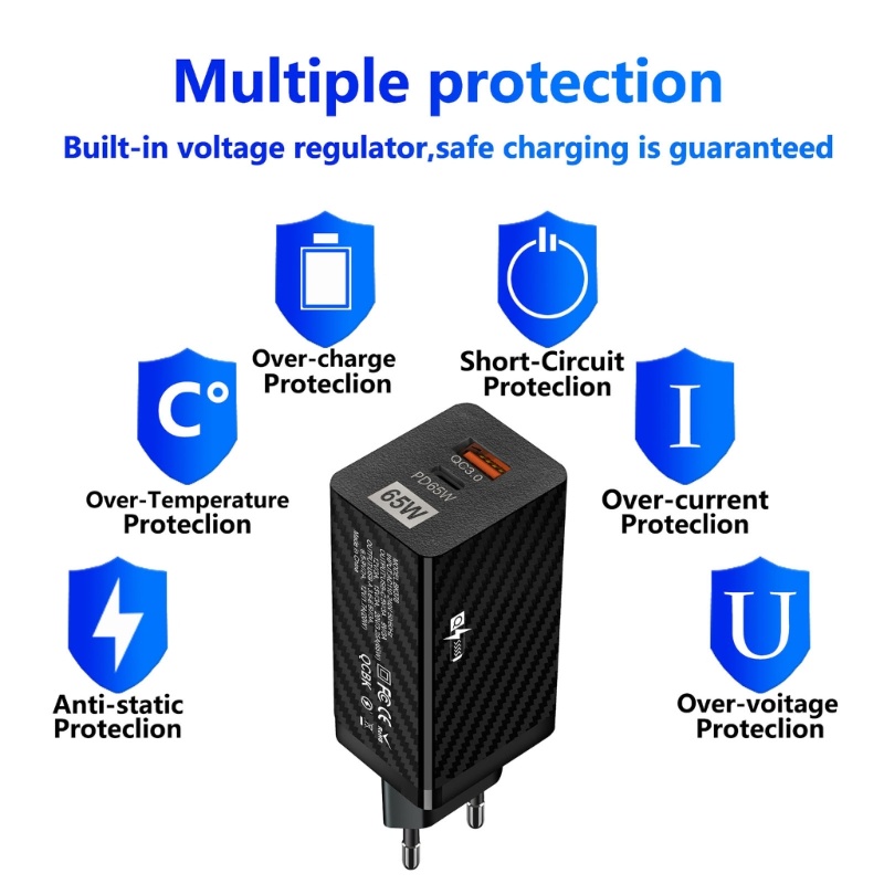 Cốc Sạc Nhanh Cổng USB Type C PD 65W Cho QC 3 0 US EU