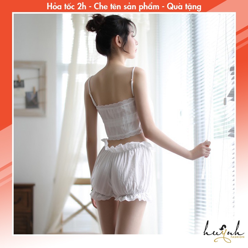 Bộ đồ ngủ croptop tiểu thư hai mảnh dễ thương chất đũi cao cấp- N84