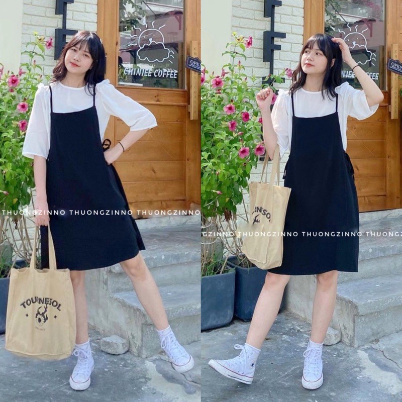 [Ảnh thật/Video] Set yếm kèm áo lụa thắt nơ eo kiểu dáng Hàn Quốc