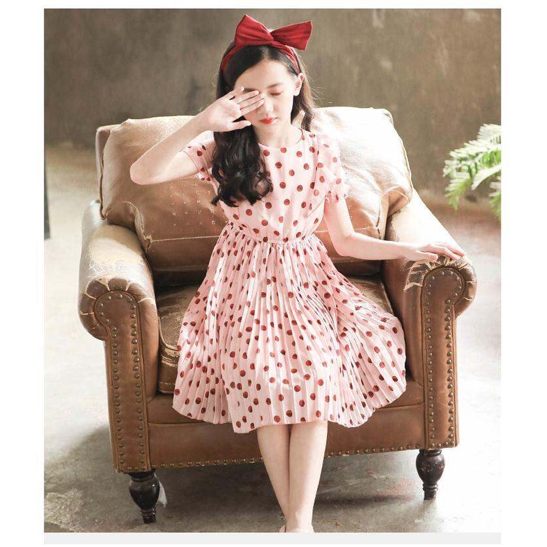 Đầm Chiffon Cổ Tròn Tay Ngắn Họa Tiết Chấm Bi Xinh Xắn Cho Bé Gái Từ 3-4 - 5-6 - 7-8 - 9-10 - 11-12 Tuổi