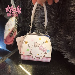 👑Bóp ví tiền có quai xách cầm tay mini nút bật da mềm 1 ngăn hình Hello Kitty màu hồng cho bé gái, bạn nữ (Nhật Bản)