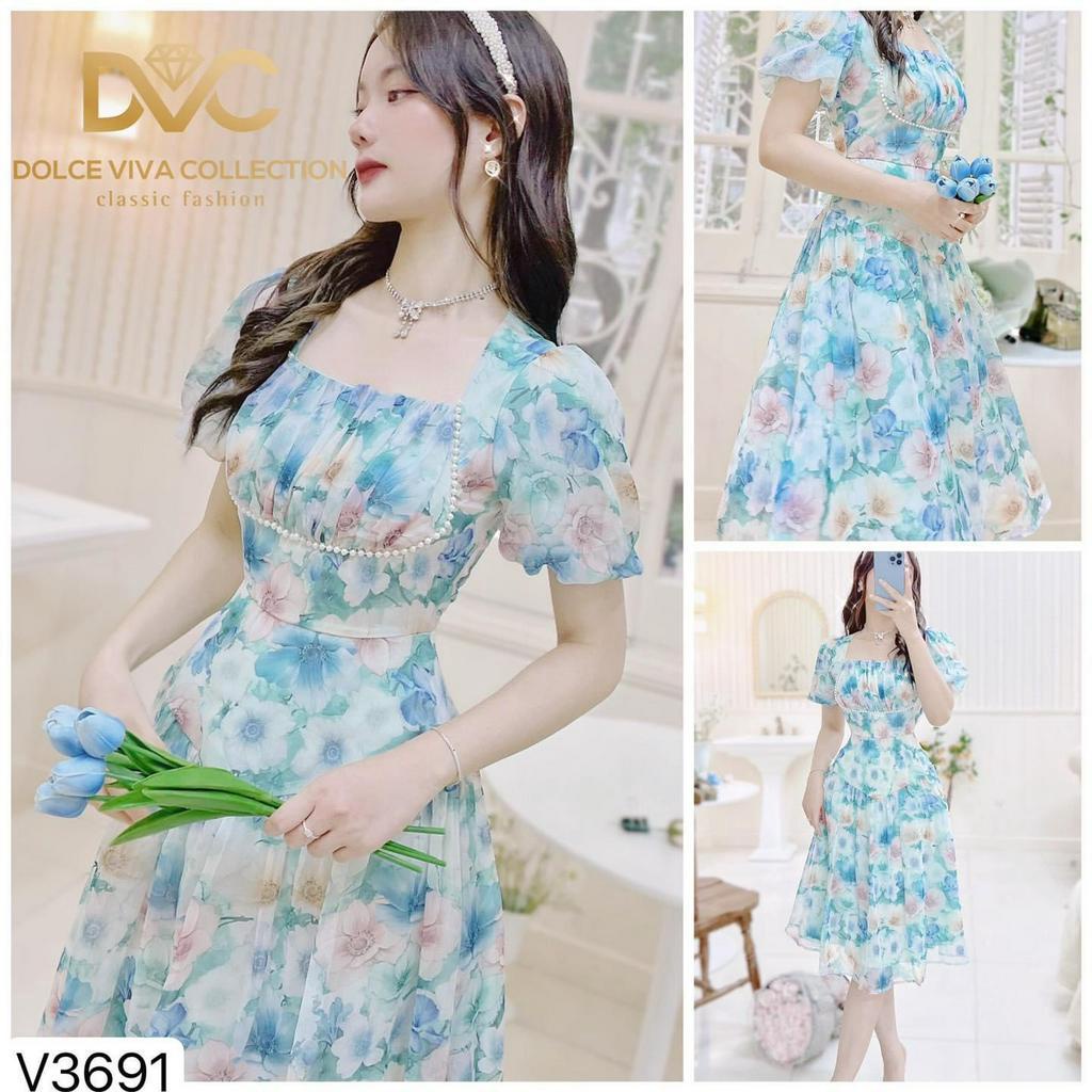 V3691 Váy voan hoa xanh tiểu thư nữ tính  váy hoa nhí xoè cổ vuông đính ngọc