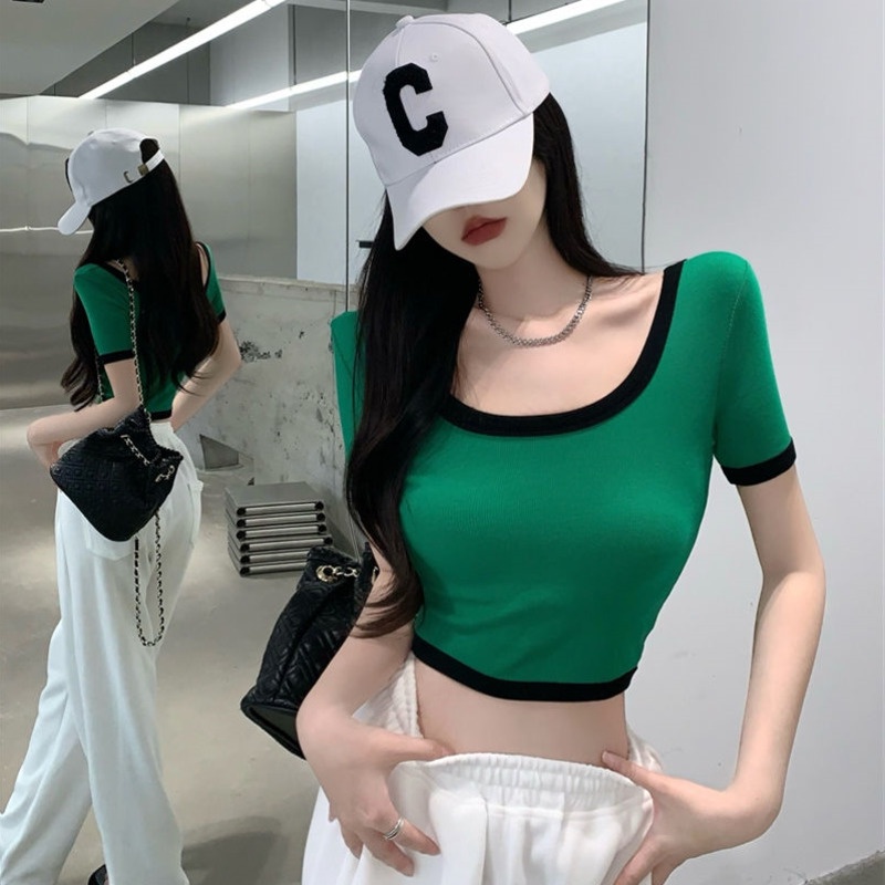 Áo Thun Cổ Chữ u Màu Hồng Thời Trang Mùa Hè Dễ Phối Đồ