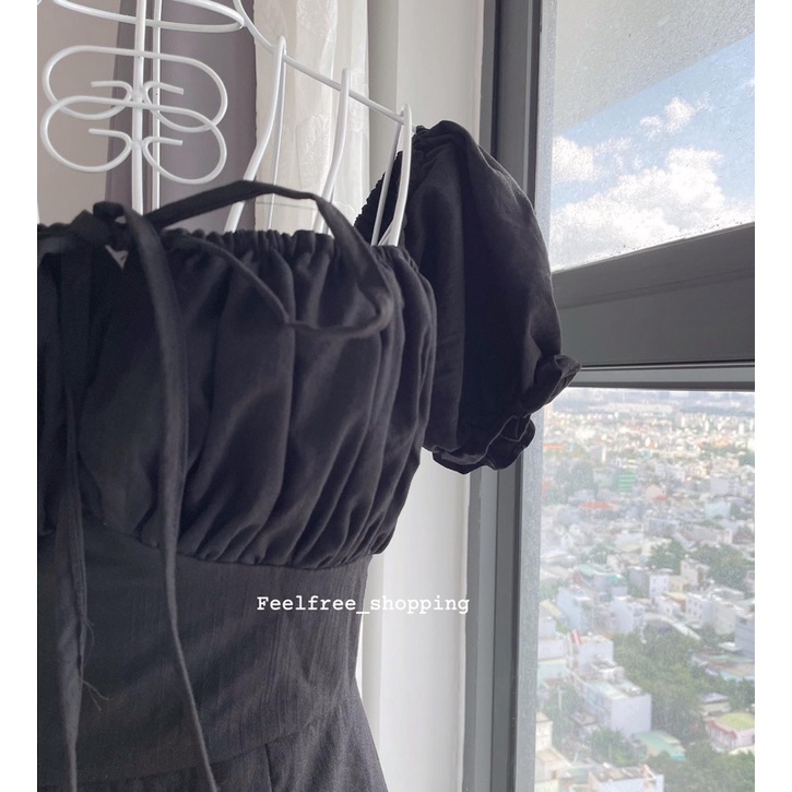 váy xẻ tả chỉnh ngực cổ vuông trễ vai trắng đen D049