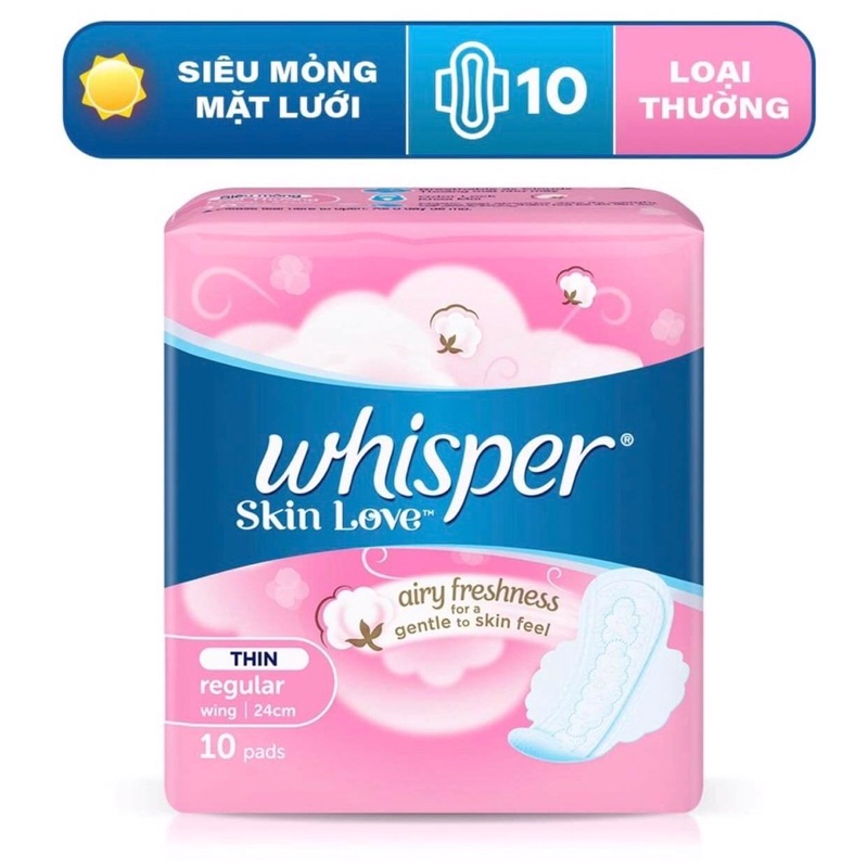 Băng vệ sinh Whisper Skin Love mặt bông siêu mỏng cánh loại cho ngày và đêm (24cm/28cm/31cm)