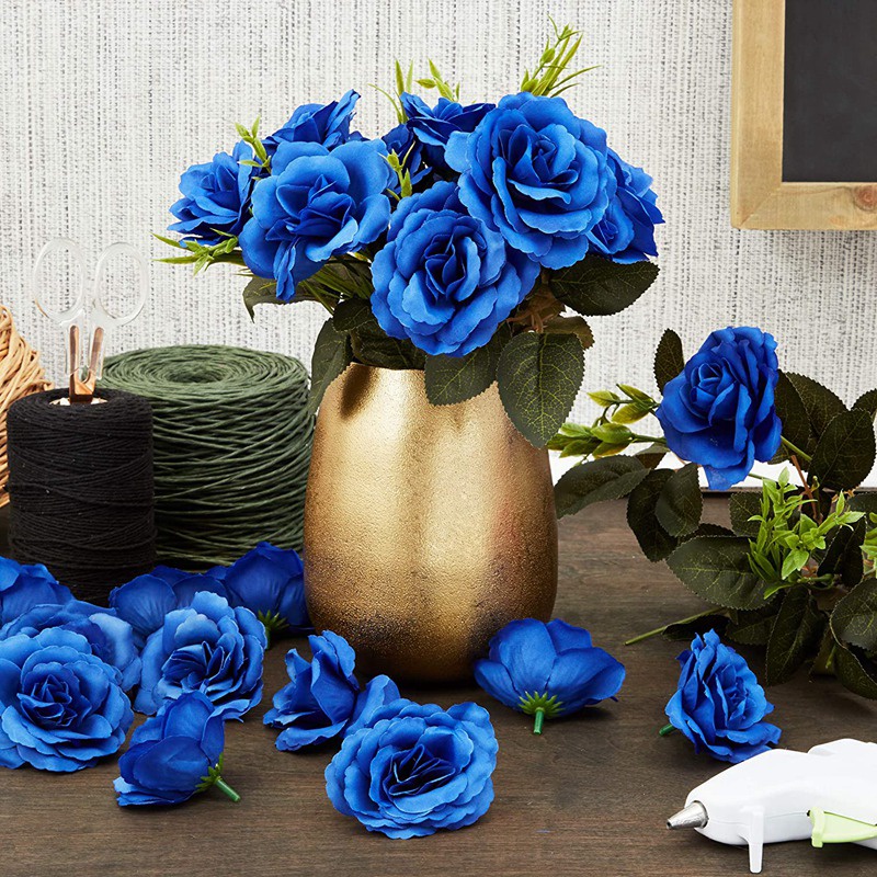 Bộ 50 Bông Hoa Hồng Giả Bằng Lụa Màu Xanh Dương Đậm Trang Trí Đa Ứng Dụng