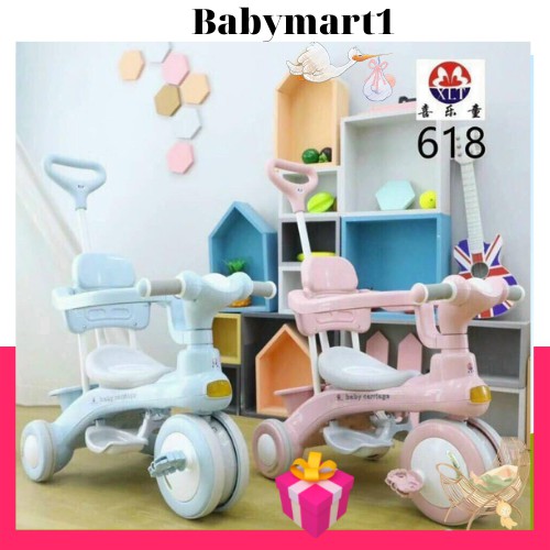 Xe ba bánh có cần đẩy, có nhạc, có đèn pull hộp loại đẹp 3 in 1 mã 688(tặng kèm pin)