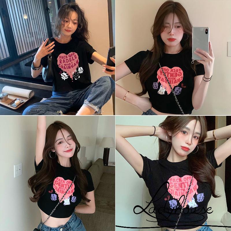 Áo Thun Nữ Ngắn Tay Cổ Tròn In Chữ Và Gấu Màu Trắng/Đen Thời Trang Mùa Hè