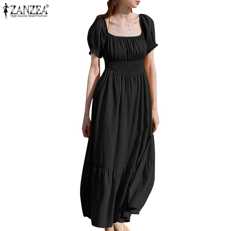 Đầm Zanzea cổ vuông tay phồng xếp nếp màu trơn thiết kế quý tộc cổ điển cho nữ